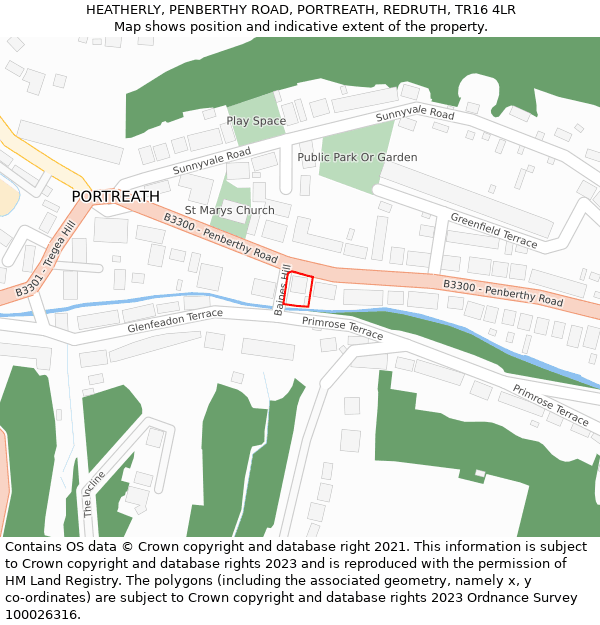 HEATHERLY, PENBERTHY ROAD, PORTREATH, REDRUTH, TR16 4LR: Location map and indicative extent of plot