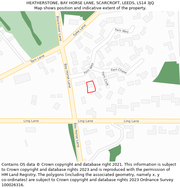 HEATHERSTONE, BAY HORSE LANE, SCARCROFT, LEEDS, LS14 3JQ: Location map and indicative extent of plot