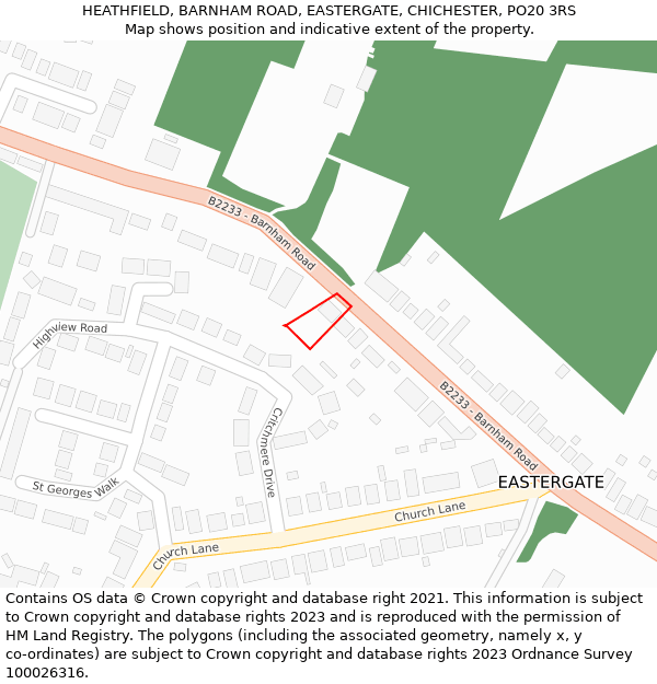 HEATHFIELD, BARNHAM ROAD, EASTERGATE, CHICHESTER, PO20 3RS: Location map and indicative extent of plot