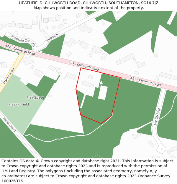 HEATHFIELD, CHILWORTH ROAD, CHILWORTH, SOUTHAMPTON, SO16 7JZ: Location map and indicative extent of plot