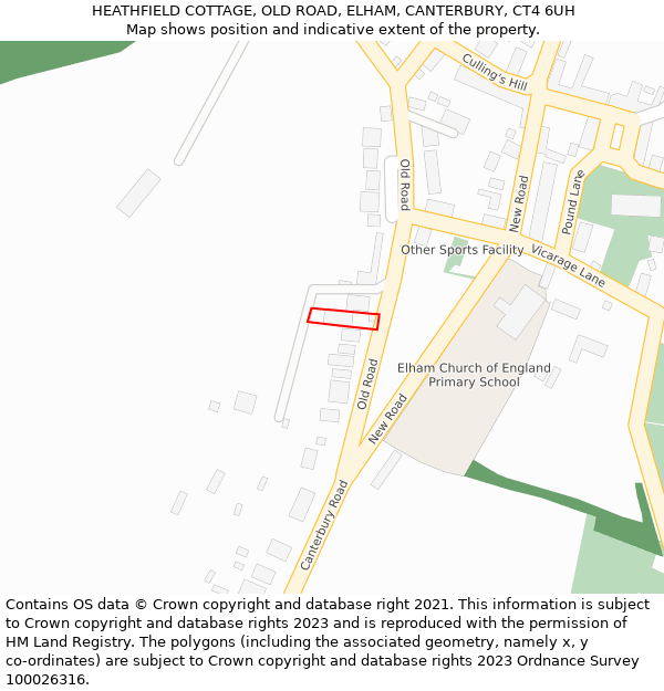 HEATHFIELD COTTAGE, OLD ROAD, ELHAM, CANTERBURY, CT4 6UH: Location map and indicative extent of plot