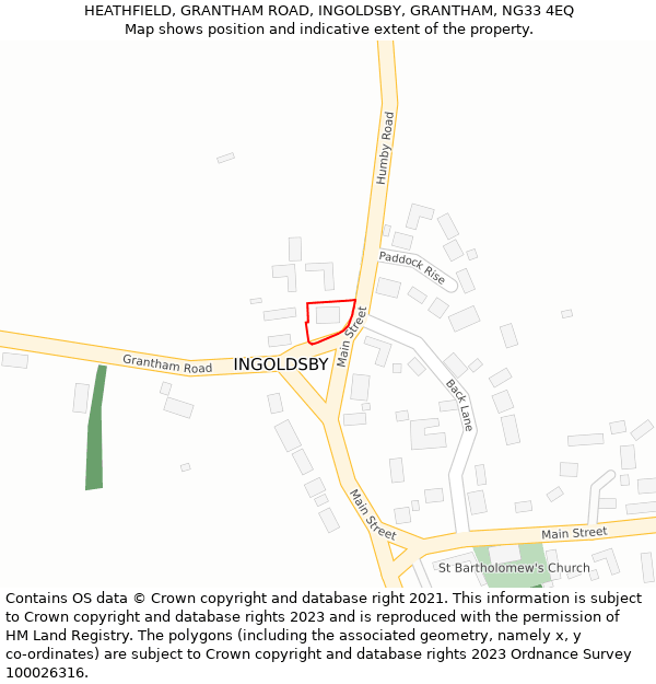 HEATHFIELD, GRANTHAM ROAD, INGOLDSBY, GRANTHAM, NG33 4EQ: Location map and indicative extent of plot