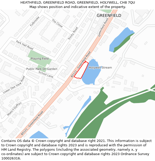 HEATHFIELD, GREENFIELD ROAD, GREENFIELD, HOLYWELL, CH8 7QU: Location map and indicative extent of plot