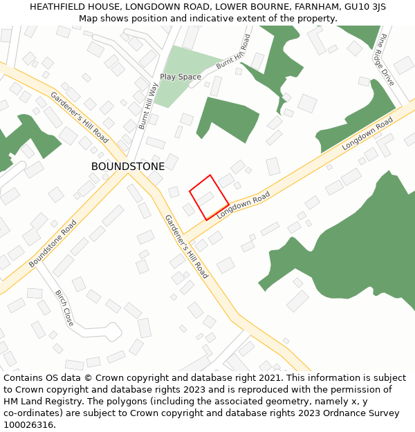 HEATHFIELD HOUSE, LONGDOWN ROAD, LOWER BOURNE, FARNHAM, GU10 3JS: Location map and indicative extent of plot