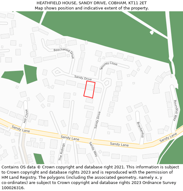 HEATHFIELD HOUSE, SANDY DRIVE, COBHAM, KT11 2ET: Location map and indicative extent of plot