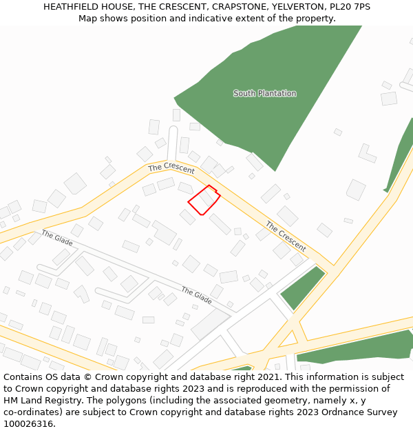 HEATHFIELD HOUSE, THE CRESCENT, CRAPSTONE, YELVERTON, PL20 7PS: Location map and indicative extent of plot