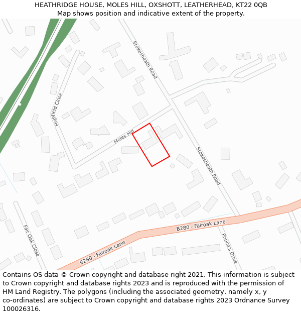 HEATHRIDGE HOUSE, MOLES HILL, OXSHOTT, LEATHERHEAD, KT22 0QB: Location map and indicative extent of plot
