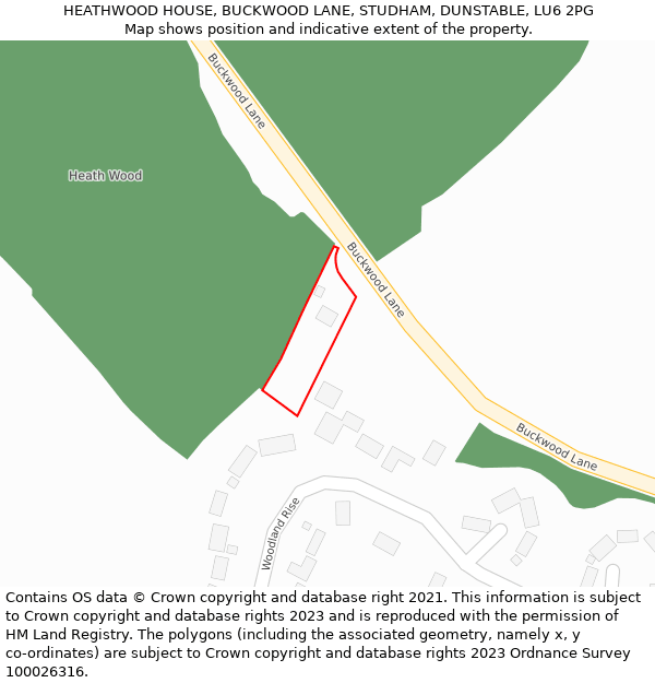 HEATHWOOD HOUSE, BUCKWOOD LANE, STUDHAM, DUNSTABLE, LU6 2PG: Location map and indicative extent of plot