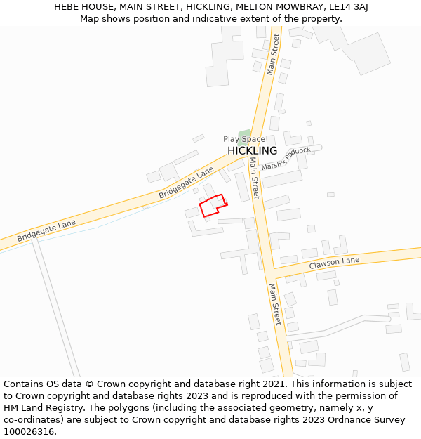 HEBE HOUSE, MAIN STREET, HICKLING, MELTON MOWBRAY, LE14 3AJ: Location map and indicative extent of plot