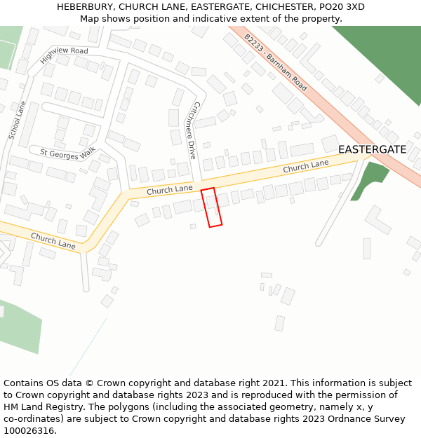 HEBERBURY, CHURCH LANE, EASTERGATE, CHICHESTER, PO20 3XD: Location map and indicative extent of plot