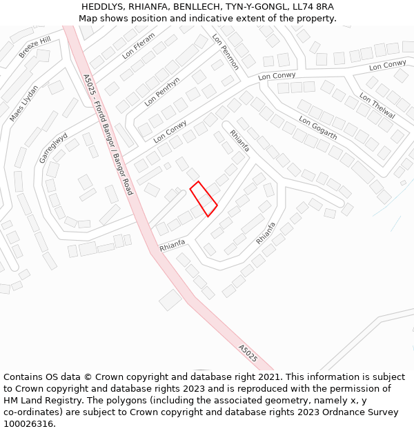 HEDDLYS, RHIANFA, BENLLECH, TYN-Y-GONGL, LL74 8RA: Location map and indicative extent of plot