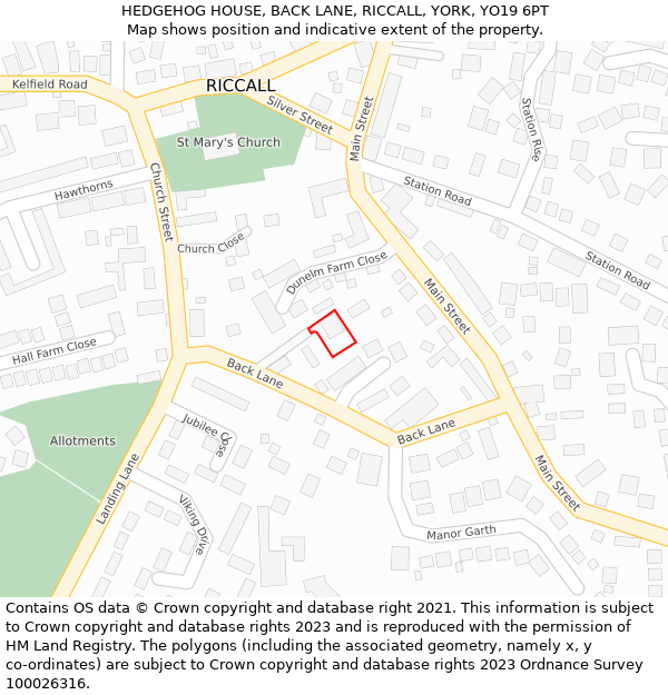 HEDGEHOG HOUSE, BACK LANE, RICCALL, YORK, YO19 6PT: Location map and indicative extent of plot