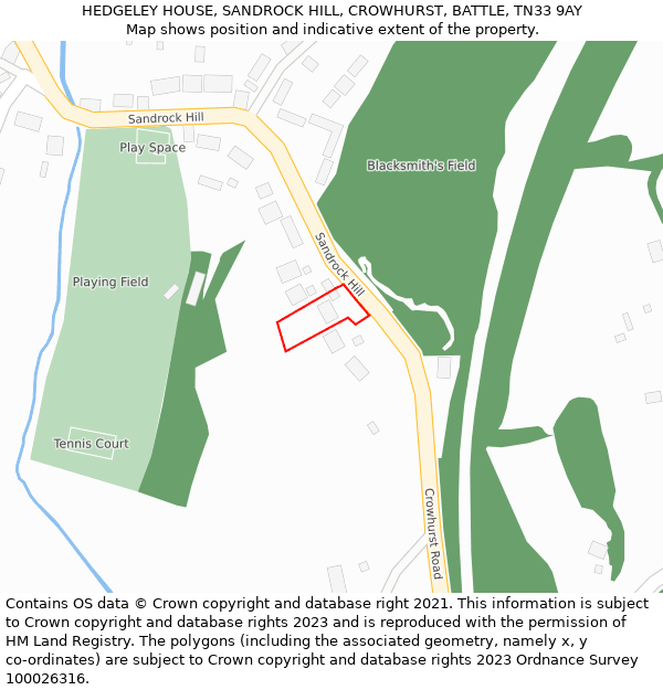 HEDGELEY HOUSE, SANDROCK HILL, CROWHURST, BATTLE, TN33 9AY: Location map and indicative extent of plot