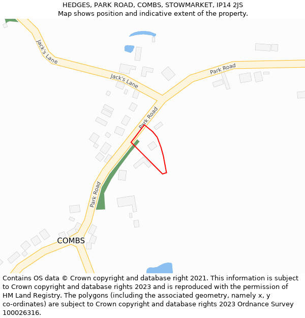 HEDGES, PARK ROAD, COMBS, STOWMARKET, IP14 2JS: Location map and indicative extent of plot