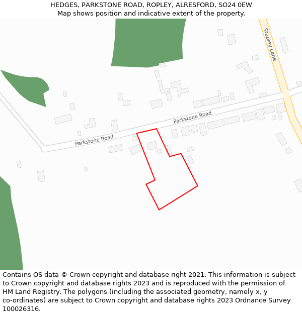 HEDGES, PARKSTONE ROAD, ROPLEY, ALRESFORD, SO24 0EW: Location map and indicative extent of plot