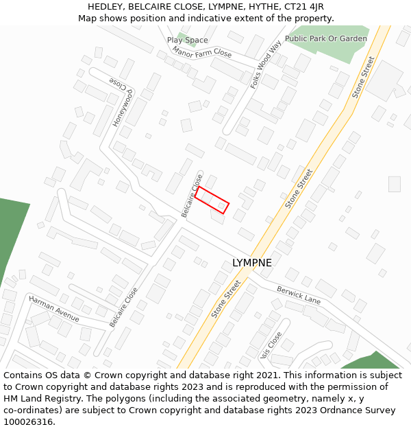 HEDLEY, BELCAIRE CLOSE, LYMPNE, HYTHE, CT21 4JR: Location map and indicative extent of plot