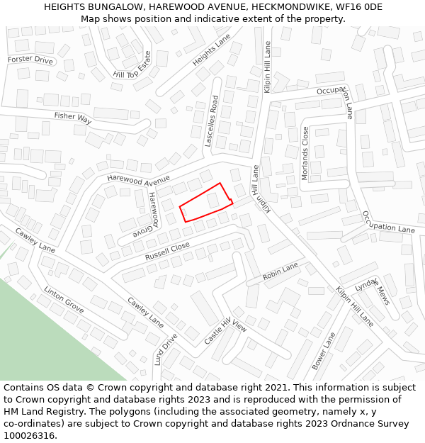 HEIGHTS BUNGALOW, HAREWOOD AVENUE, HECKMONDWIKE, WF16 0DE: Location map and indicative extent of plot