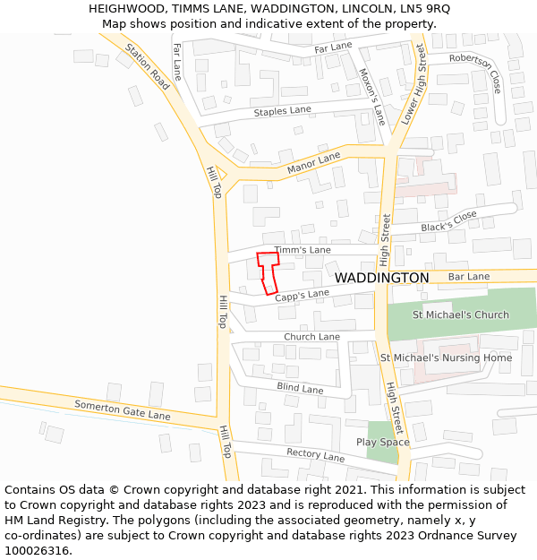 HEIGHWOOD, TIMMS LANE, WADDINGTON, LINCOLN, LN5 9RQ: Location map and indicative extent of plot