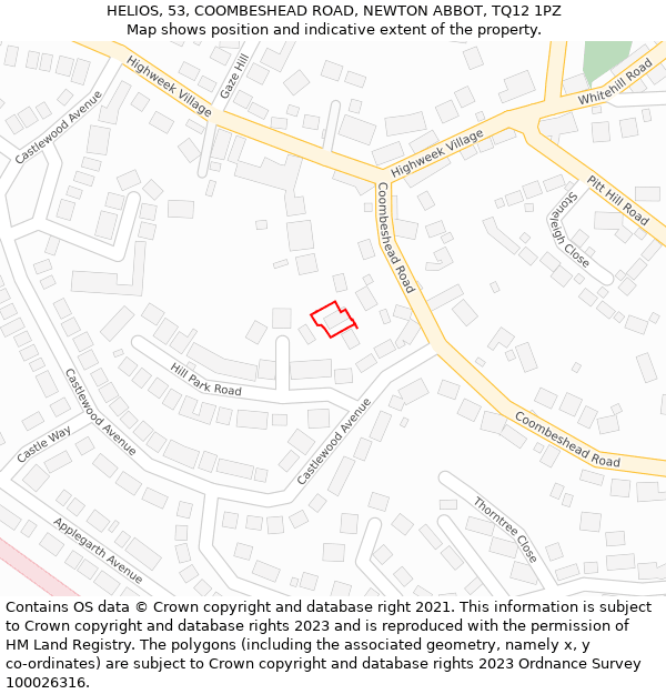 HELIOS, 53, COOMBESHEAD ROAD, NEWTON ABBOT, TQ12 1PZ: Location map and indicative extent of plot