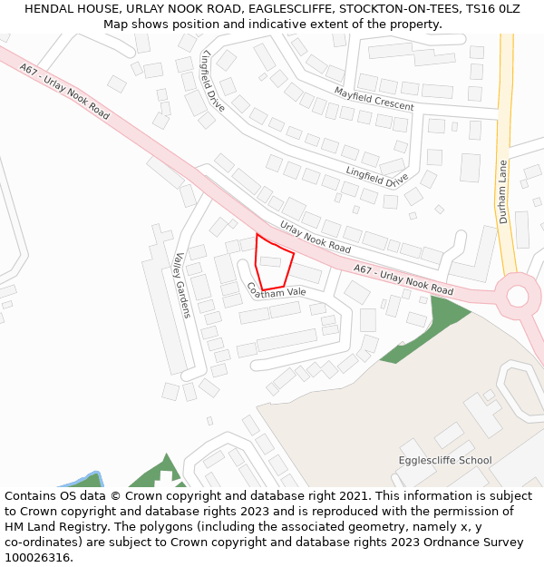 HENDAL HOUSE, URLAY NOOK ROAD, EAGLESCLIFFE, STOCKTON-ON-TEES, TS16 0LZ: Location map and indicative extent of plot