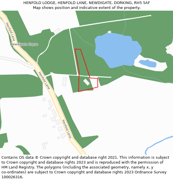 HENFOLD LODGE, HENFOLD LANE, NEWDIGATE, DORKING, RH5 5AF: Location map and indicative extent of plot