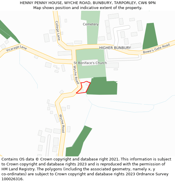 HENNY PENNY HOUSE, WYCHE ROAD, BUNBURY, TARPORLEY, CW6 9PN: Location map and indicative extent of plot