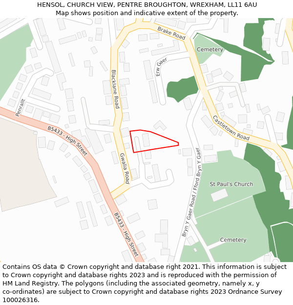 HENSOL, CHURCH VIEW, PENTRE BROUGHTON, WREXHAM, LL11 6AU: Location map and indicative extent of plot