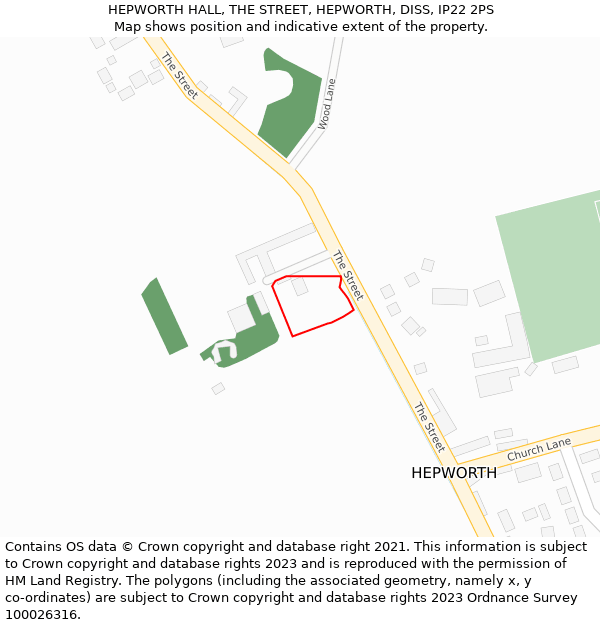 HEPWORTH HALL, THE STREET, HEPWORTH, DISS, IP22 2PS: Location map and indicative extent of plot