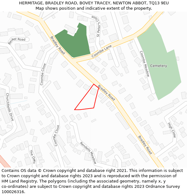 HERMITAGE, BRADLEY ROAD, BOVEY TRACEY, NEWTON ABBOT, TQ13 9EU: Location map and indicative extent of plot