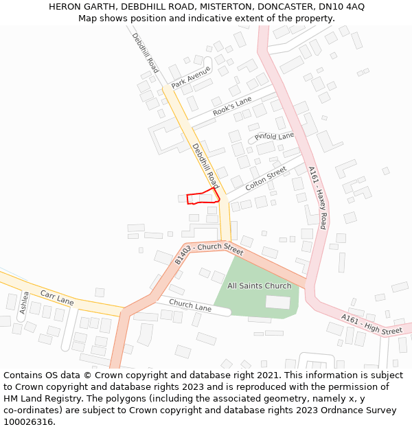 HERON GARTH, DEBDHILL ROAD, MISTERTON, DONCASTER, DN10 4AQ: Location map and indicative extent of plot