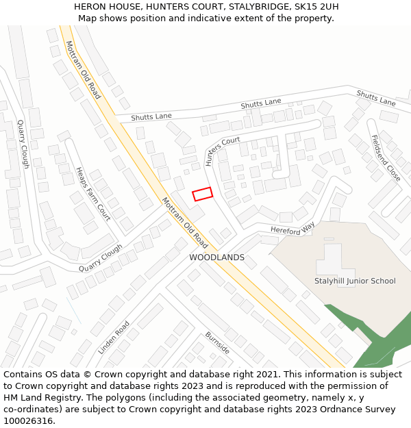 HERON HOUSE, HUNTERS COURT, STALYBRIDGE, SK15 2UH: Location map and indicative extent of plot