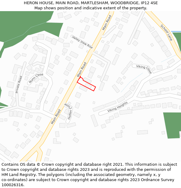HERON HOUSE, MAIN ROAD, MARTLESHAM, WOODBRIDGE, IP12 4SE: Location map and indicative extent of plot