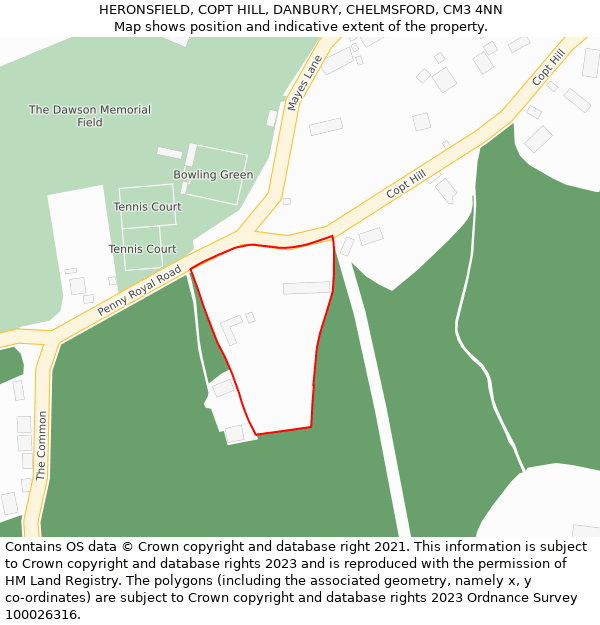 HERONSFIELD, COPT HILL, DANBURY, CHELMSFORD, CM3 4NN: Location map and indicative extent of plot