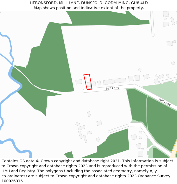 HERONSFORD, MILL LANE, DUNSFOLD, GODALMING, GU8 4LD: Location map and indicative extent of plot