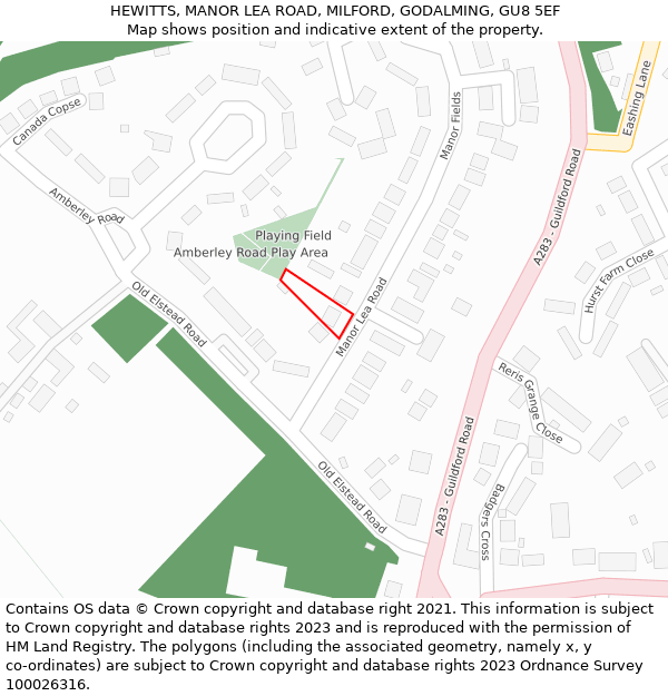 HEWITTS, MANOR LEA ROAD, MILFORD, GODALMING, GU8 5EF: Location map and indicative extent of plot