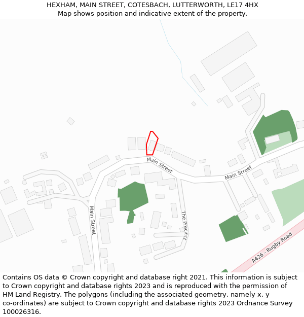 HEXHAM, MAIN STREET, COTESBACH, LUTTERWORTH, LE17 4HX: Location map and indicative extent of plot