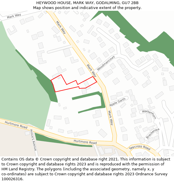 HEYWOOD HOUSE, MARK WAY, GODALMING, GU7 2BB: Location map and indicative extent of plot