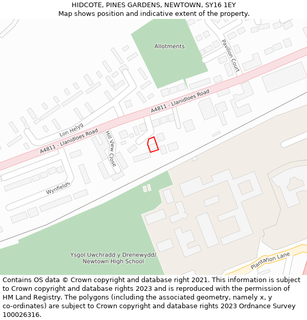 HIDCOTE, PINES GARDENS, NEWTOWN, SY16 1EY: Location map and indicative extent of plot