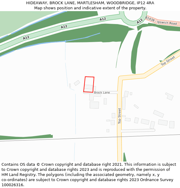 HIDEAWAY, BROCK LANE, MARTLESHAM, WOODBRIDGE, IP12 4RA: Location map and indicative extent of plot