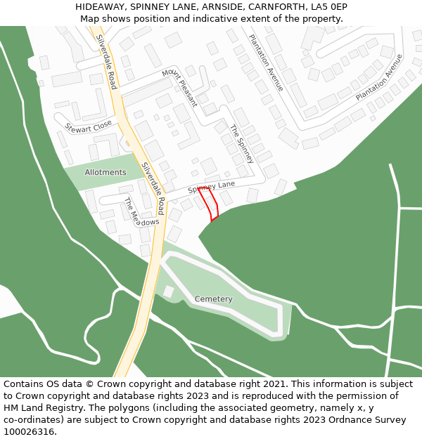 HIDEAWAY, SPINNEY LANE, ARNSIDE, CARNFORTH, LA5 0EP: Location map and indicative extent of plot