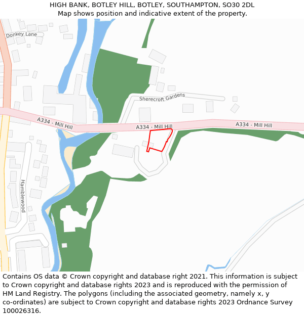 HIGH BANK, BOTLEY HILL, BOTLEY, SOUTHAMPTON, SO30 2DL: Location map and indicative extent of plot