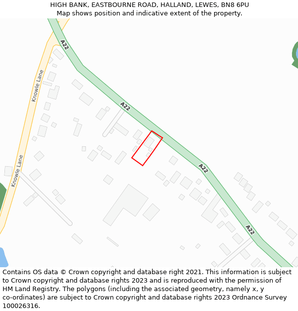 HIGH BANK, EASTBOURNE ROAD, HALLAND, LEWES, BN8 6PU: Location map and indicative extent of plot