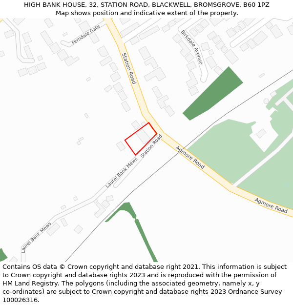 HIGH BANK HOUSE, 32, STATION ROAD, BLACKWELL, BROMSGROVE, B60 1PZ: Location map and indicative extent of plot