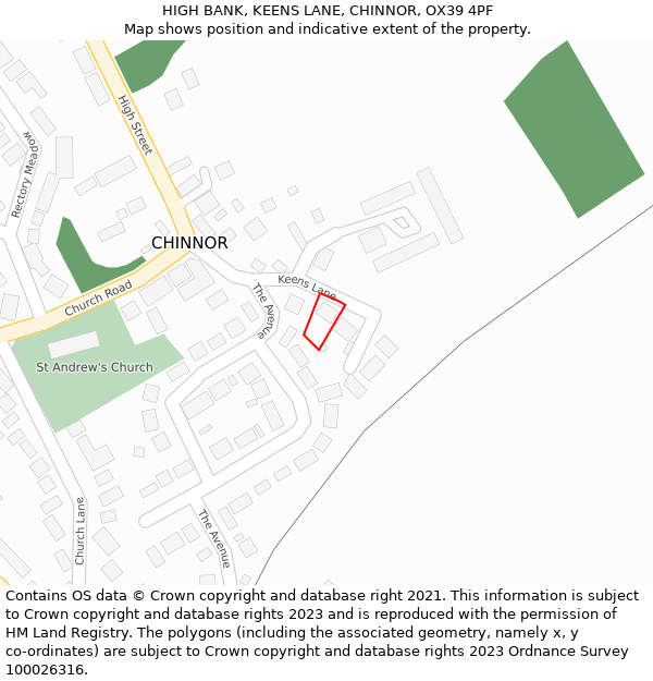 HIGH BANK, KEENS LANE, CHINNOR, OX39 4PF: Location map and indicative extent of plot