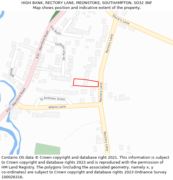 HIGH BANK, RECTORY LANE, MEONSTOKE, SOUTHAMPTON, SO32 3NF: Location map and indicative extent of plot