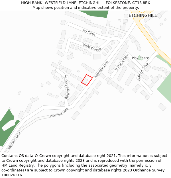 HIGH BANK, WESTFIELD LANE, ETCHINGHILL, FOLKESTONE, CT18 8BX: Location map and indicative extent of plot