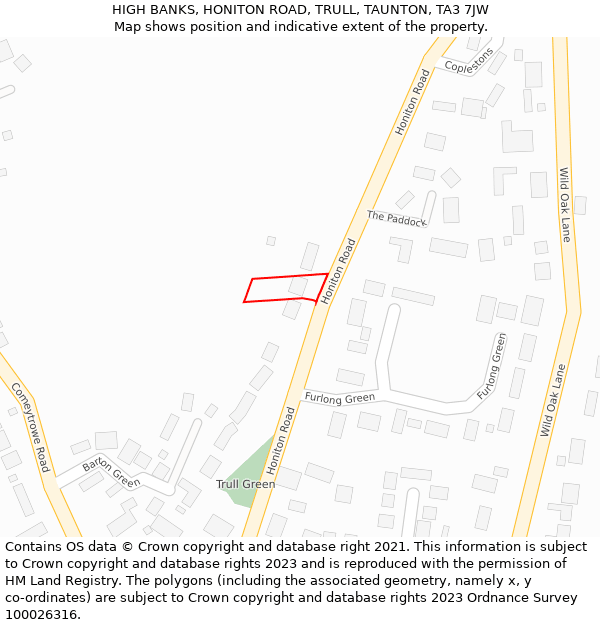HIGH BANKS, HONITON ROAD, TRULL, TAUNTON, TA3 7JW: Location map and indicative extent of plot