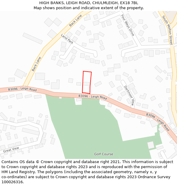 HIGH BANKS, LEIGH ROAD, CHULMLEIGH, EX18 7BL: Location map and indicative extent of plot
