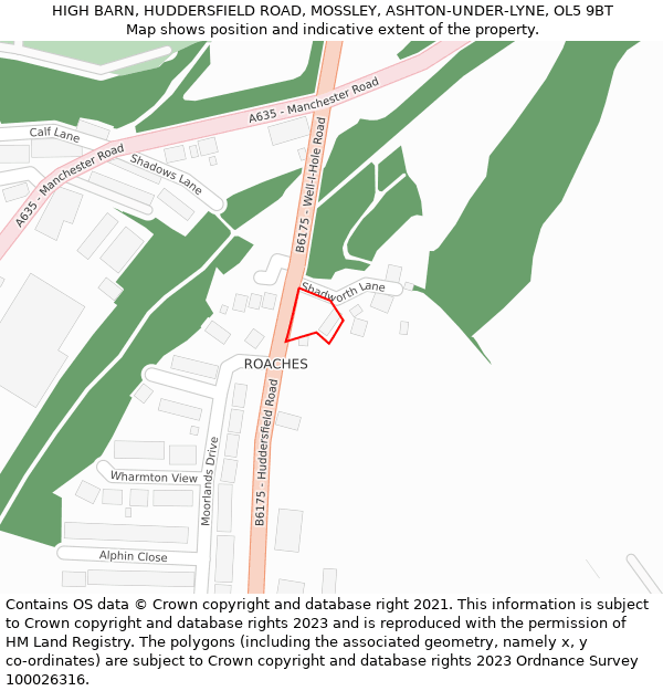 HIGH BARN, HUDDERSFIELD ROAD, MOSSLEY, ASHTON-UNDER-LYNE, OL5 9BT: Location map and indicative extent of plot