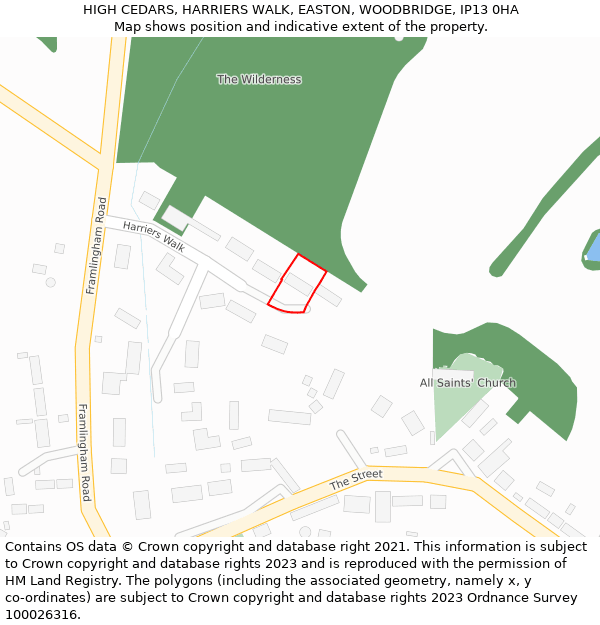 HIGH CEDARS, HARRIERS WALK, EASTON, WOODBRIDGE, IP13 0HA: Location map and indicative extent of plot